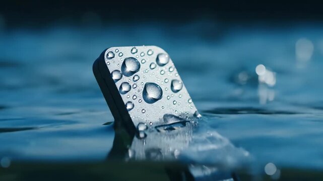 Close up of a water resistant device with water droplets in clear blue water.