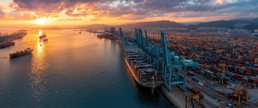 Panoramic aerial view of a bustling container port at sunset with cargo ships and cranes.