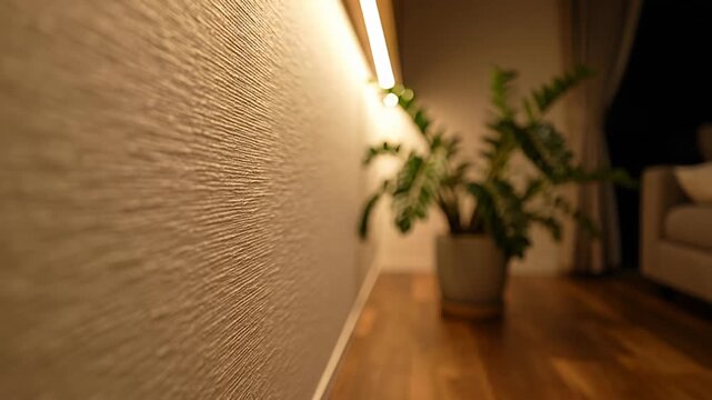 Modern living room interior with plant and warm wall light