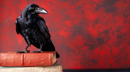 Obraz premium Black raven perched on old books against a vibrant red background for literature and Halloween themes