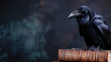 Obraz premium Majestic black raven perched on antique leather-bound books with a mystical dark background