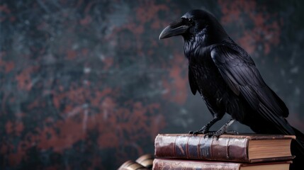 Obraz premium Black Raven on Stack of Vintage Books with Dark Background and Grunge Texture in Mysterious Atmosphere
