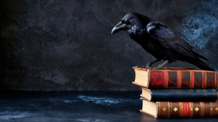 Obraz premium Raven Sitting on Stack of Vintage Books with Dark Background Creating Mysterious Atmosphere