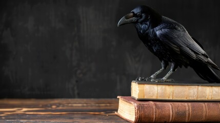 Obraz premium Dark Raven Perched on Vintage Leatherbound Books Against a Mysterious Black Background