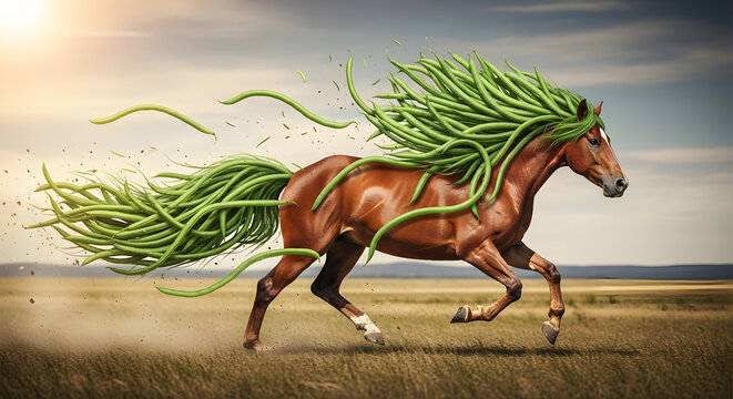 A horse with a flowing mane made of long green beans dynamic motion