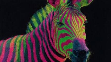 Naklejka premium Zebra facing camera with fluorescent stripes on black background