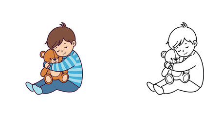 Little boy hugging a brown teddy bear coloring book page and colored illustration set, child cuddling plush toy for kids activity, bedtime and childhood comfort theme vector drawing