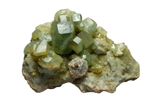 Vesuvianite crystal cluster with green idocrase mineral formation on a natural stone matrix, geological specimen transparent background