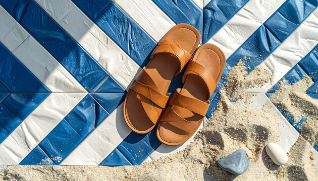Outdoor rug with geometric blue and white patterns featuring tan leather sandals and sand under bright summer sun on terrace generative AI