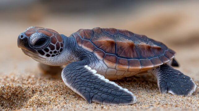 Tiny baby sea turtle crawling on sandy beach near ocean.
