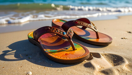 Obraz premium Leather flip flops and colorful sandals left on the sand near the water edge with footprints in the soft sand generative AI