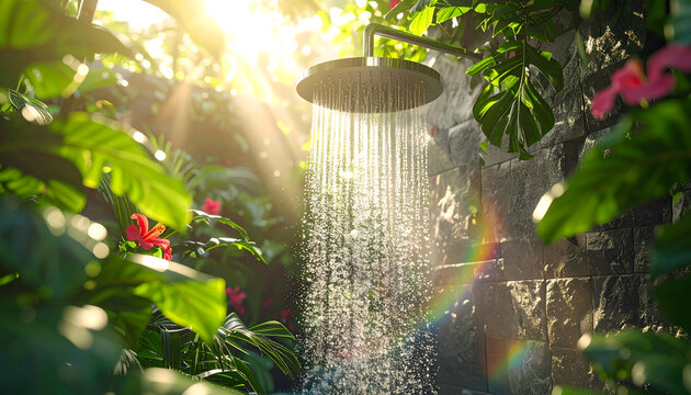 Stone shower in a tropical garden with water cascading over hibiscus leaves and sunlight creating a rainbow in the spray generative AI