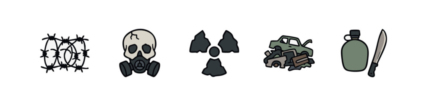 Post-apocalyptic survival icons: barbed wire, gas mask, radiation, junk car, machete