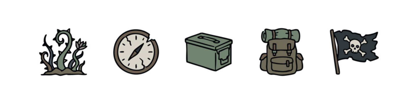Survival and exploration icons: thorny bush, compass, ammo box, backpack, pirate flag