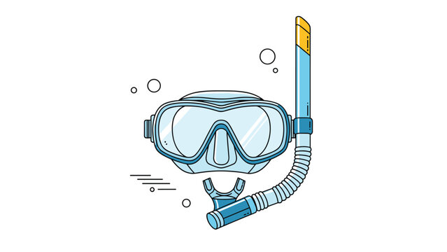 Blue and white scuba diving mask with a matching snorkel and bubbles, representing underwater exploration and sports.