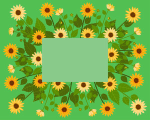 Obraz premium Horizontal floral frame with yellow sunflowers and green leaves on a green background. Vector border template with copy space for text. Ideal for summer templates, banners, and greeting cards.