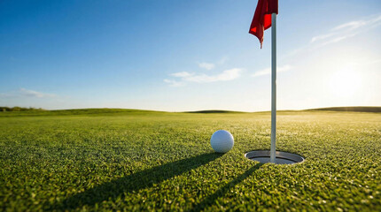 Obraz premium Golf Ball Near Hole on Sunny Day on Lush Green Course
