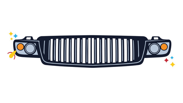 Front view of a classic car grille with vertical bars and dual headlights on each side featuring colorful sparkle accents around.