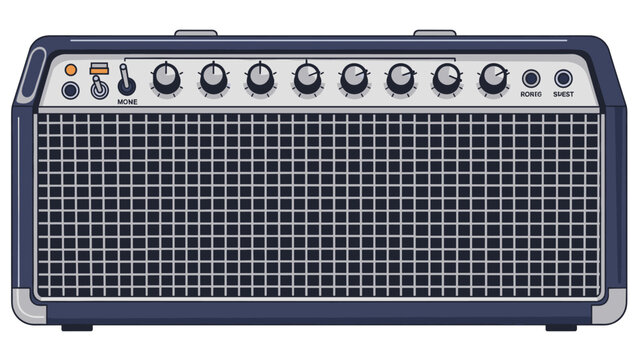 Vintage style electric guitar amplifier with various control knobs and a mesh grill, rendered in a detailed pixel art aesthetic.