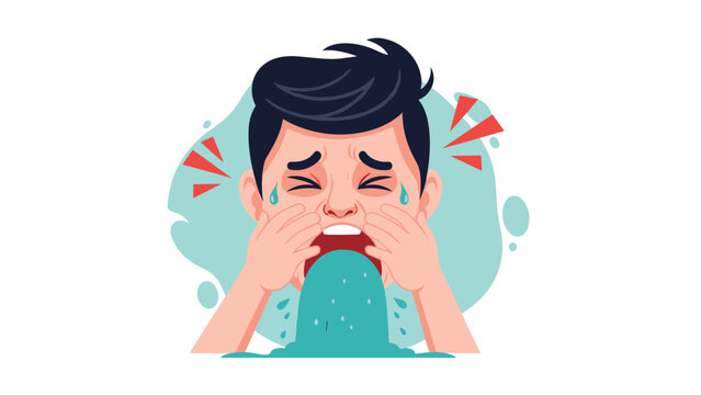 Cartoon illustration of a young boy with his mouth open wide, crying and experiencing nausea or sickness with green liquid.