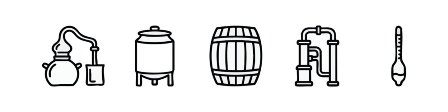 Distillation Equipment and Barrel Line Art Icons