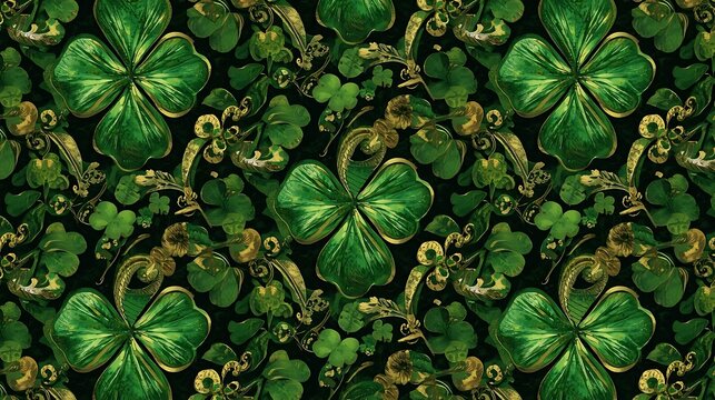 Tessellated pattern of lush green four leaf clovers and golden accents with digital art shamrock st patrick's day tessellation background decoration celebration illustration tradition