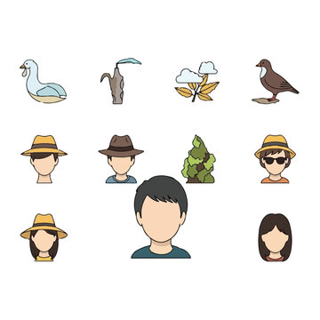 Cartoon faces and animal illustrations.