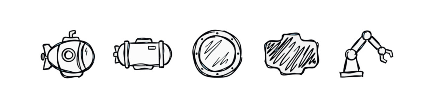 Doodle icons for underwater or marine technology: submarine, underwater vehicle, porthole, sonar, robotic arm