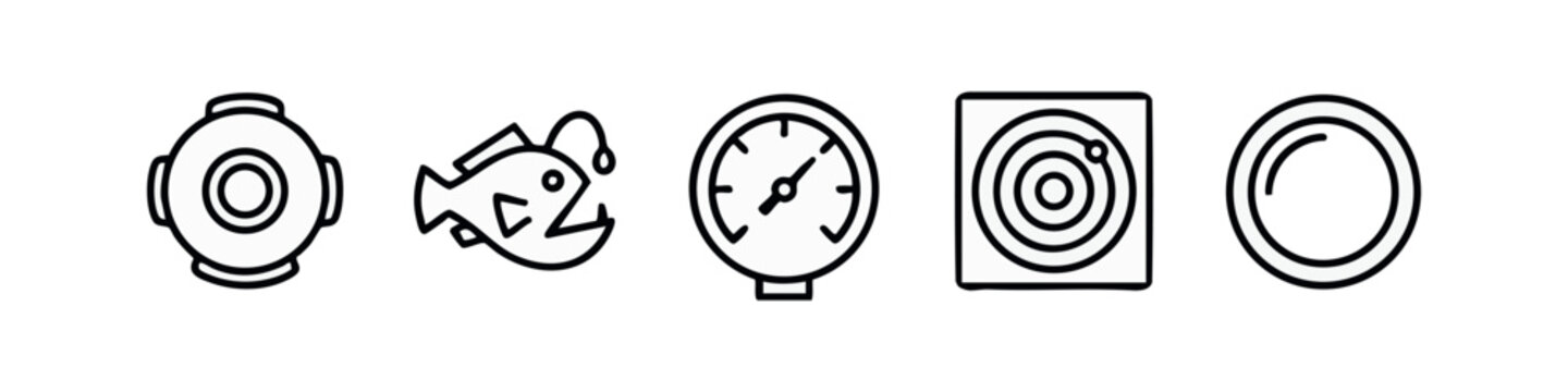 Line art icons for underwater exploration: diving helmet, anglerfish, pressure gauge, sonar, porthole