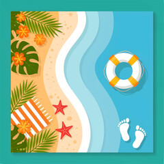 Fototapeta premium Beach scene with lifebuoy and footprints in sand and water
