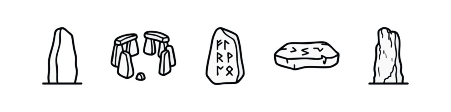 Set of ancient stones: standing stones, stone circle, rune stone, and altar