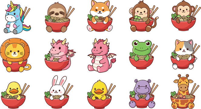 Cute animals eating noodles set kawaii cartoon unicorn cat monkey frog duck giraffe vector illustration