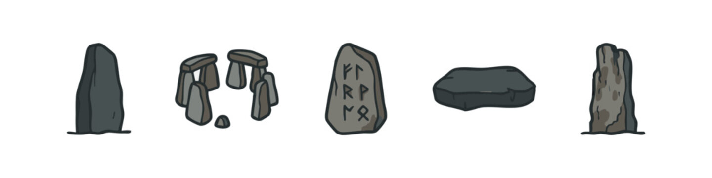 Color illustration of ancient stones: standing stones, stone circle, rune stone, and altar
