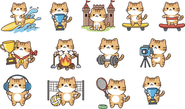 Cute cat activities set kawaii cartoon kitten sports hobbies achievements vector illustration