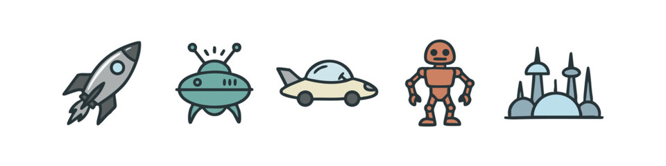 Rocket, UFO, Car, Robot, and Futuristic City Icons: Color © liubomir118809