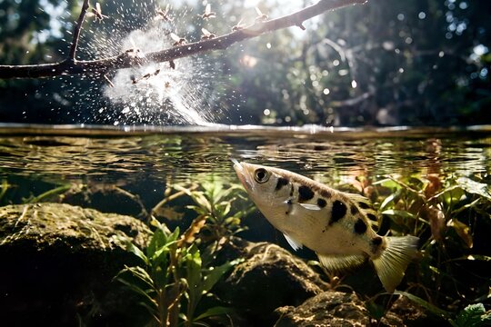  Archer fish predation technique of shooting down land-based insects and other small prey with jets of water 