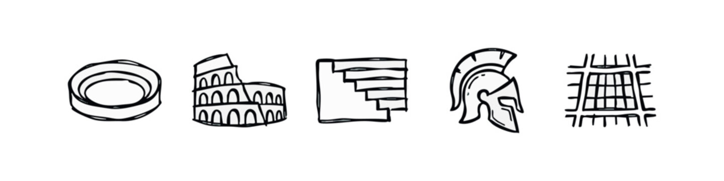 Black and white hand-drawn icons representing ancient Rome: circle, coliseum, steps, helmet, grid.