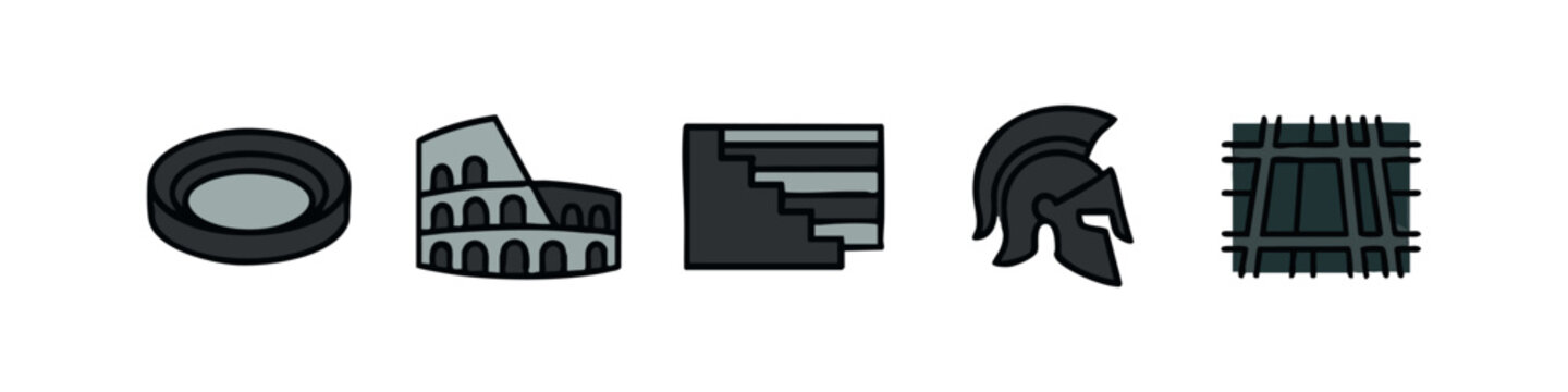 Colored icons of ancient Roman themes: circle, coliseum, steps, helmet, grid.