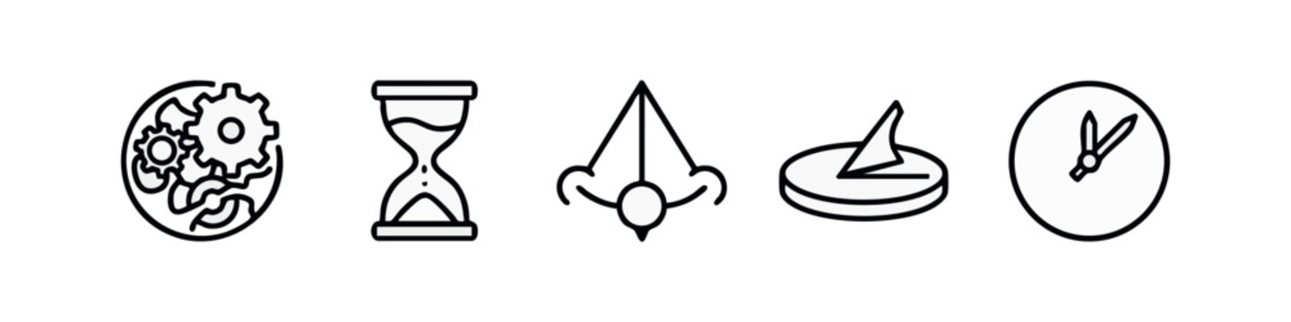 Line art icons for timekeeping and science: gears, hourglass, pendulum, sundial, clock.