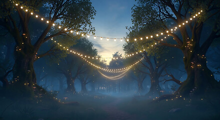 Fototapeta premium Mystical forest clearing at twilight with glowing string lights draped between old trees and low mist rolling over ground in blue fantasy landscape setting with mushrooms growing on gnarled trunks.