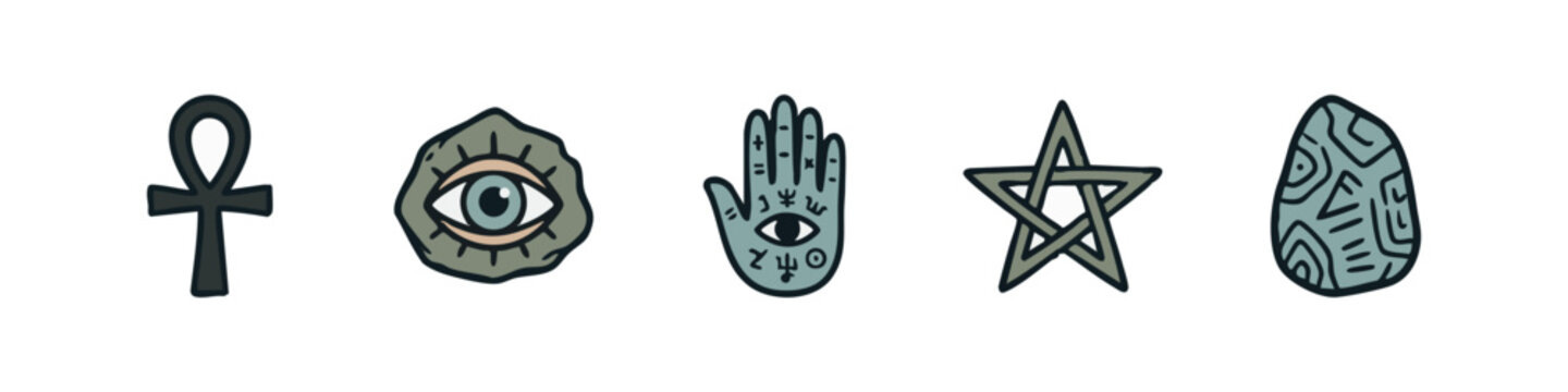 Mystical and Occult Doodle Symbols: Ankh, All-Seeing Eye, Hamsa Hand, Pentagram Star, and Patterned Rune Stone.