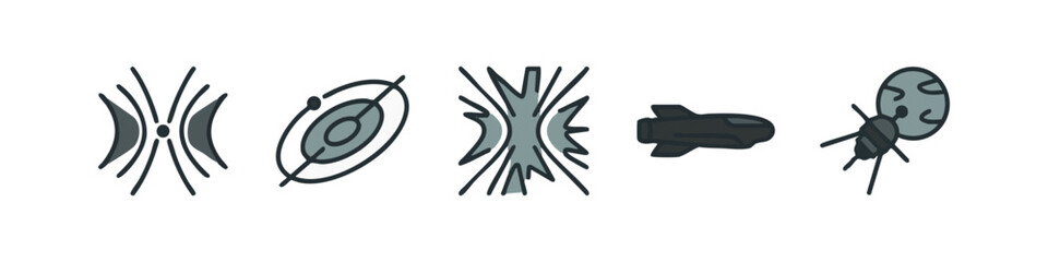 Obraz premium Space and exploration icons: sound waves, galaxy, explosion, rocket, satellite (colored)