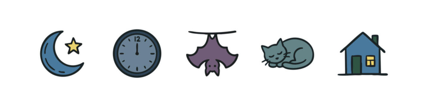 Night and sleep icons: moon, clock, bat, cat, house