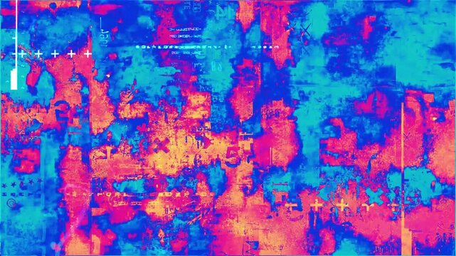 Looping motion animation of an abstract grunge background with bright neon colors. 4K quality footage