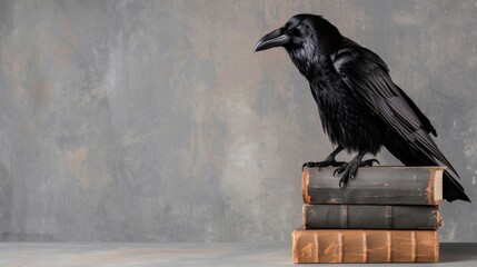 Obraz premium Black raven perched on old vintage books against a textured background in a creative and artistic arrangement