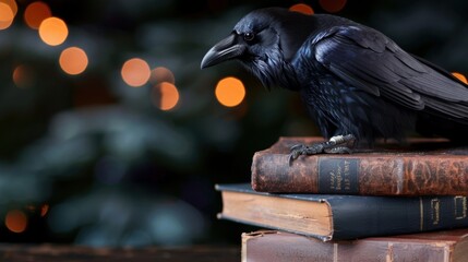 Obraz premium Black raven perched on a stack of antique books with a blurred bokeh background creating a mysterious atmosphere