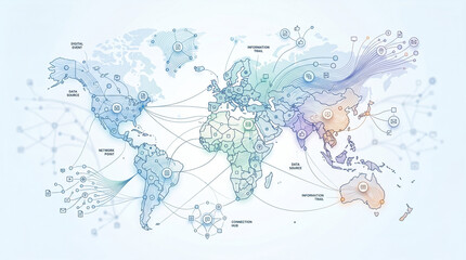 Fototapeta premium Global Digital Information Network Map with Data Flow Lines and Connection Points