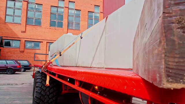 Concrete slabs secured on trailer parked beside brick industrial building