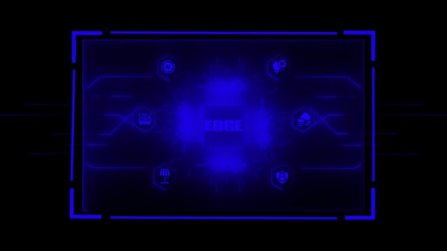 Futuristic digital concept with the word EDGE prominently displayed in a glowing blue central processor surrounded by hexagonal for AI cloud computing security and smart home devices connected
