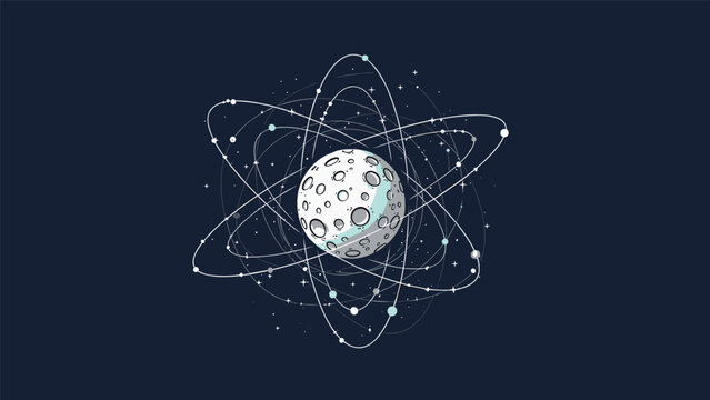 Stylized cratered moon surrounded by multiple orbital paths and glowing stars against a dark space background.
